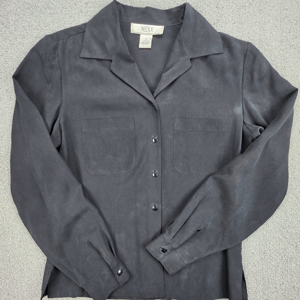 NEXX Sandwashed Silk Button Down Blouse Womens Black Camp Collar S